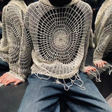 FOESCE Y2K Street Clothes Spider Web Tops Hollow Hole Design Hooded Pullover Knitwear Sweater Men Korean Fashion Old Genderless Wear