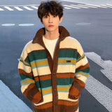 Striped Men Cardigan Sweater Contrast Color Turn Down Collar Long Sleeve 2024 Korea Fashion Male Tops Casual 24E2754
