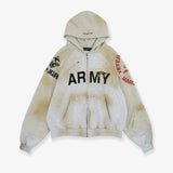 FOESCE Stain Fake Two Pieces Grailz Project Hole Damage Zipper Hoodie Men Women Vintage Distress Badge Print Sweatshirts Loose Jacket