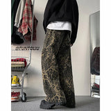 FOESCE Trendy Leopard Print Jeans Man pants fasnion unisex American High Street Trousers Harajuku Style Baggy High Waist Casual Pants