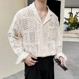 Shirts Men Transparent Mesh Lace Shirt Fall Long Sleeve Vintage Breasted Collar Shirts Fashion Embroidery Mens Streetwear
