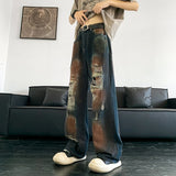 FOESCE Wash, make old, dirty, torn holes denim pants for men and women, high street, loose straight leg, wide leg, mop, beggar pants