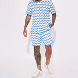 FOESCE 2025 Summer New Casual Suit Men's Streetwear Contrasting Color Design Knitted Polo Shirt Top Sports Shorts Holiday Two-piece Set
