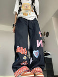 FOESCE 2025 American style checkered patchwork rolled edge jeans for men and women, wide leg straight leg loose casual couple pants