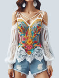 FOESCE Floral Printed Women's Blouse V-Neck Long Sleeve Sexy Hollow out Lace Shirt Elegant Strapless Casual Top for Autumn