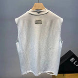FOESCE Summer Ripped Hole O Neck Men Tank Top Fashion Personality Casual 2xl Oversized T Shirt Clothing Sports Daily Street Black White