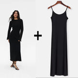 FOESCE Spring Autumn O-Neck Elastic Knit Long Dresses Women 2025 Elegant Chic Soft Lady Hollowing Sweater Dresses Femme New