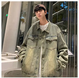 FOESCE American Retro Denim Jackets for Men Autumn Korean Fashion Harajuku Loose Men's Jacket Coats Y2k Hip Hop Gothic Streetwear