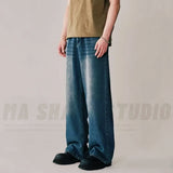 FOESCE Spring Autumn Men's New Denim Pants Old Blue Washed Casual Jeans Menwear Loose New Fashion contrasting color Wide Leg Trousers