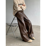 FOESCE PU Leather Pants men Straight 2025new Spring Men's Punk Fashion Hip Hip Men Wide-leg Mopping Trousers Windproof Dark Brown/Black