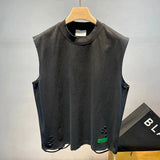 FOESCE Summer Ripped Hole O Neck Men Tank Top Fashion Personality Casual 2xl Oversized T Shirt Clothing Sports Daily Street Black White
