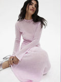 FOESCE Spring Autumn O-Neck Elastic Knit Long Dresses Women 2025 Elegant Chic Soft Lady Hollowing Sweater Dresses Femme New
