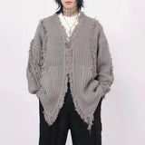 FOESCE Y2k Mens Sweater Irregular Tassel Design Knitted Jacket Autumn Casual Versatile Atmosphere Solid Color Top Men's Clothing Unisex