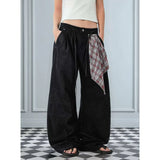 FOESCE Men's Jeans American Retro Grid Hanging Decoration Baggy Mid Waist Wide Leg Pants Casual Design Sensation Autumn Streetwear Jean