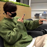 Autumn Korean Idle Style Matching Trendy Brand Wool Jacket Vintage Angora Green Sweater For Men Crew Neck Pullover