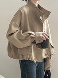 FOESCE FSMG Women's Casual Jacket,Autumn Korean Style Stand Collar, Comfortable Loose Fit Solid Color, Short Jacket with Drawstring Hem