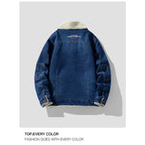 Classic American Vintage Washed Cotton Autumn and Winter Lamb Fleece Denim Men Plush Warm Flip Collar Youth Jacket