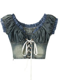 FOESCE Korean Fashion Summer Women Short Sleeve Lace Up T-Shirt Gyaru Design Tees Denim Crop Top Hot Y2k 2000s Streetwear Coquette Chic