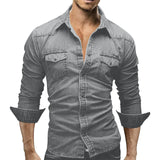 FOESCE Men'S Autumn Fashion Clothing Casual Fashion Long Sleeve Lapel Shirts Solid Color Denim Washed Shirt Men'S Tops