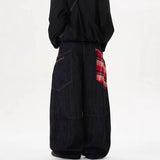 FOESCE Scottish Plaid Splicing Arc Wide Baggy Jeans Y2k Spring and Autumn New Streetwear Washed Oversized Straight Wide Leg Jeans 2025