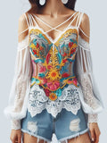 FOESCE Floral Printed Women's Blouse V-Neck Long Sleeve Sexy Hollow out Lace Shirt Elegant Strapless Casual Top for Autumn