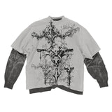 Foesce Gothic skull cross letter print fake two-piece design y2k T-shirt for men 2000s American retro punk rock niche street baggy tops