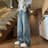 FOESCE Men Denim Pants Elastic waist pull rope Straight Droop Vintage Loose Bottom Straight Wide Leg Casual Male Trousers Korean Style