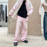 FOESCE Streetwear Gradient Color Washed Pink Dirty Jeans for Men and Women Straight Casual Baggy Denim Trousres Oversized Loose Cargos