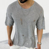 FOESCE 2025 Summer New Men's Solid Color Sweater Round Neck Short Sleeve Hollow-out Pullover Sweater Top Shirts