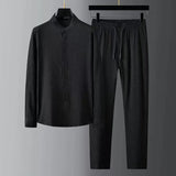 Spring Summer New Fashion Suit Men Long Sleeve Casual Shirts And Pant Seersucker Striped Pleats Slim Handsome Two-piece Set