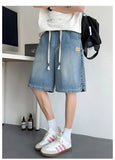 FOESCE Summer New Casual Wide Denim Shorts Men's Baggy Fashion Elastic Waist Drawstring Straight Short Jeans StreetWear men clothing