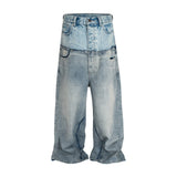 FOESCE  Double-layer Double Waist Patchwork Baggy Jeans for Men and Women Straight Casual Loose Denim Trousers Oversized