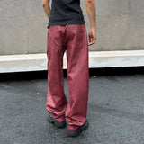 FOESCE New trendy loose straight tube nostalgic Ankora red leather pants