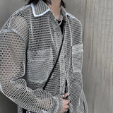 FOESCE Men's Harajuku Mesh Top Shirt Men's Casual Loose Oversized All Match Blouse Harajuku Streetwear Vintage Korean Blusas Sunscreen