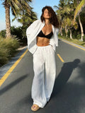 FOESCE Women Casual Brown Cotton Linen Shirt Pants Suit Fashion Single Breasted Blouses Elastic Waist Pant Set 2025 Spring Loose Outfit
