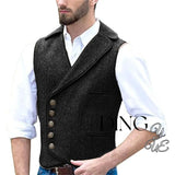 FOESCE Men's 5 Button Herringbone Tweed Waistcoat Tailored Collar Suit Vest