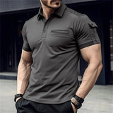 FOESCE Men's Summer solid color Daily casual cargo Style Stitching Arm Pocket Design slim lapel short-Sleeved muscle Sports Polo shirt
