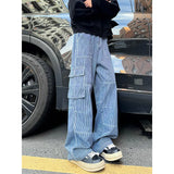 FOESCE Spring New Men Cargo Jeans Baggy  American High Street Multi-pocket Youth Overalls Fashion Streetwear Vintage Wide Leg Pants