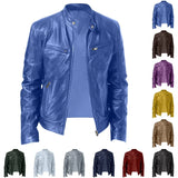 FOESCE Men's Faux Leather Jacket Autumn Fashion Solid Color Zipper Motorcycle Jacket Men's Casual Long Sleeve Zipper Button Jacket