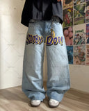 FOESCE American Baggy Washed Jeans Retro Harajuku Cartoon Print Straight-Shirt-Legging Pants Men Casual Loose Hip Hop Streetwear Women