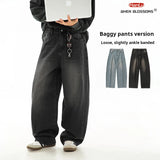 FOESCE HANLU 2025 Spring New! Men's Retro Washed Oversized Jeans, Split Structure Curved Trousers from Trendy Brand, Loose and Stylish