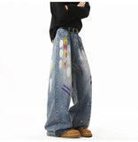 FOESCE Graffiti jeans unisex American Style Loose-fit Men's Jeans New Arrival High Street Casual Straight-leg Wide Leg Long Pants