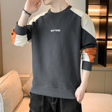 FOESCE Men's 2025 Spring New Round Neck Contrast Color Patchwork Letters Printed Sweatshirt Loose Trendy Long Sleeve Bottom Casual Tops