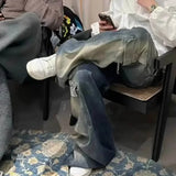 FOESCE Men Multi-pockets Pants Gradient Ribbons Drawstring Jeans Baggy Oversized Cargo Trousers Fashion Streetwear Loose