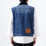 FOESCE Cotton Men's Lapel Sleeveless Denim Jacket Single Breasted Loose Vintage Vest Jacket Stylish Pocket Western Cowboy Style Male