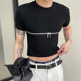 FOESCE Fashion Crop Tops Men T Shirt Zipper Solid O-neck Short Sleeve T Shirt Summer Y2k Streetwear Unisex Short Tees Casual Camisetas