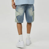 FOESCE High Street Washed Stars Patchwork Baggy Jeans Shorts for Men Wide Leg Straight Casual Denim Five Point Pants Oversized