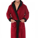 FOESCE Men Nightgown Hooded Long Sleeve Color-Blocked Thickened Plush Robe Lace-up Belt Long Style Thermal Insulation Loungewear