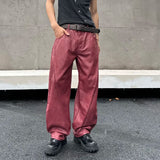 FOESCE New trendy loose straight tube nostalgic Ankora red leather pants