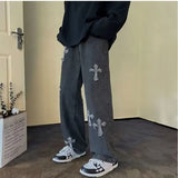 FOESCE Cross Embroidery Y2k Jeans Mens Straight Denim Pants Casual Vintage Jeans Versatile Fashion Streetwear Spring High Street Pants